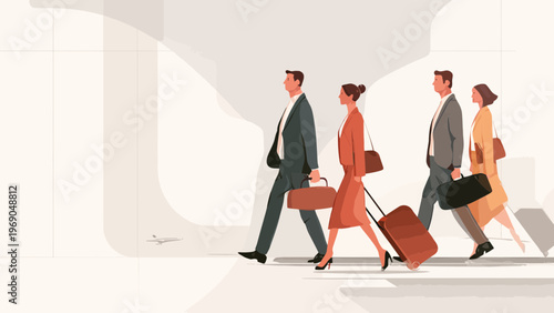 Business Travelers Walking with Luggage in Airport Terminal Illustration