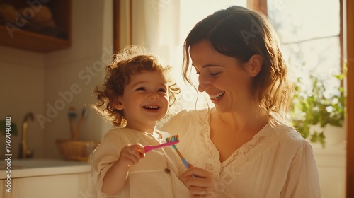 A joyful moment between a mother and child while brushing teeth.