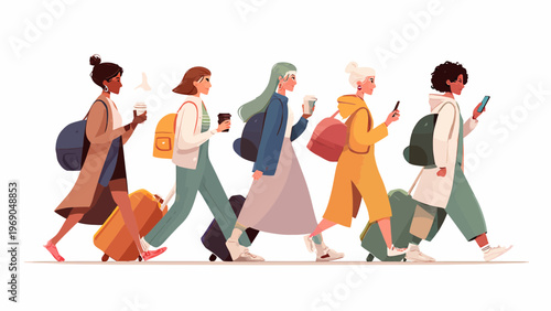 Diverse group of young women walking with luggage and coffee cups