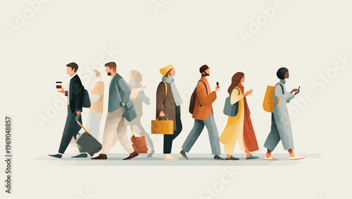 Diverse Crowd of People Walking Commuters Illustration