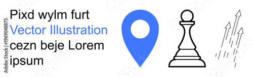 Navigation, business strategy, goal setting, leadership, movement, infographic design. Blue location pin, chess pawn and upward-pointing arrows. Navigation and business strategy