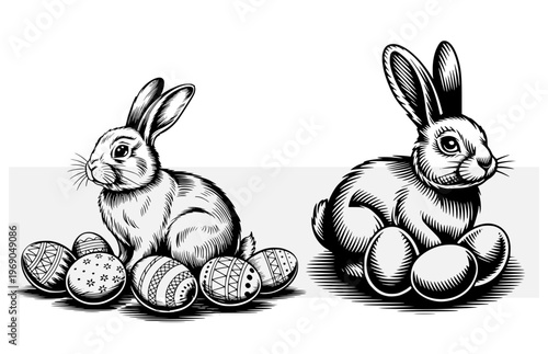 Easter bunny, rabbits with decorated eggs, vintage engraving style, holiday spring animal, hand drawn woodcut, vector illustration, traditional celebration icons