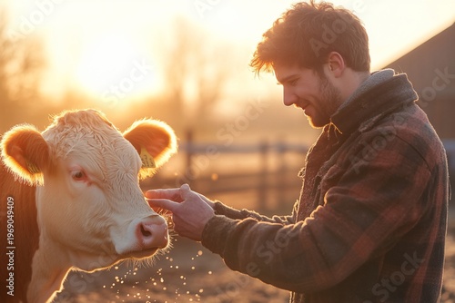 A man gently interacts with a cow during a serene sunset.