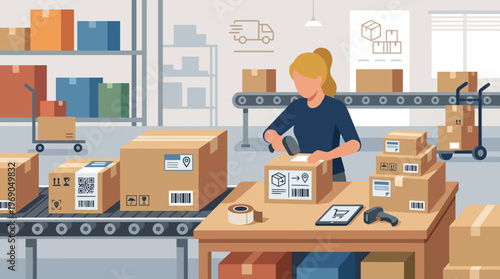 Warehouse Worker Scanning Packages for Shipping and Logistics, Flat Vector Illustration of E-commerce Fulfillment Center, Supply Chain Management, and Parcel Delivery Services.