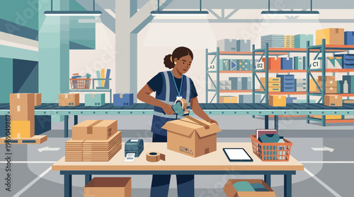 Female Warehouse Worker Packing Cardboard Box for Shipping in Modern Logistics Distribution Center Illustration