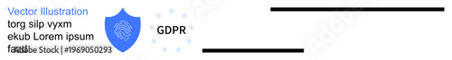 Data protection, online security, GDPR compliance, European regulations, cyber law, digital privacy. Shield with fingerprint icon, GDPR text. Data protection and online security concept