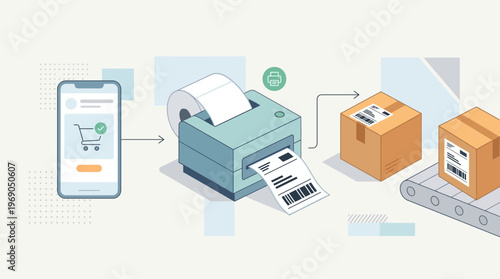 E-commerce Order Fulfillment Process Illustration with Smartphone, Thermal Label Printer, and Shipping Boxes on Conveyor Belt for Logistics and Supply Chain Workflow Concept.