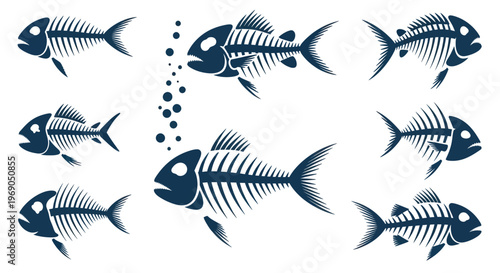 Collection of stylized fish skeletons with bubbles, isolated on white
