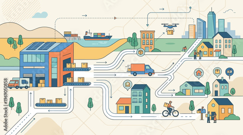 Global Logistics and Supply Chain Infographic Showing Warehouse Distribution, Drone Delivery, Cargo Shipping, and E-commerce Last Mile Services