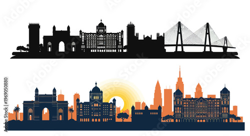 Indian City Skyline Silhouette: Mumbai Landmarks and Modern Architecture