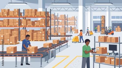 Modern Warehouse Logistics and Distribution Center with Workers, Conveyor Belts, and Forklift Operation Illustration