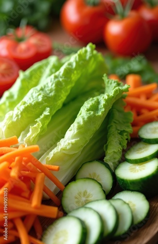Freshly chopped vegetables like lettuce, carrots, tomatoes, cucumbers arranged on wooden board, ready for healthy meal preparation. Colourful assortment signifies wholesome eating, delicious cooking.