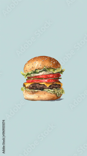 Delicious Cheeseburger With Lettuce And Tomato On Sesame Seed Bun For Food Concepts