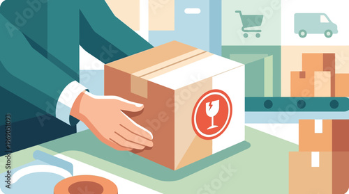 Logistics and E-commerce Shipping Concept: Worker Handling Fragile Package in Warehouse Facility