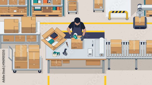 Modern Warehouse Logistics Worker Packing Cardboard Boxes for E-commerce Shipping and Distribution Vector Illustration
