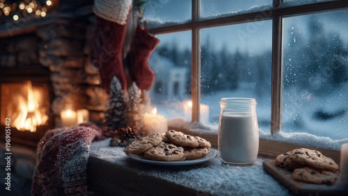 Cozy Winter Evening: Cookies, Milk, and Fireplace Glow by Snowy Window