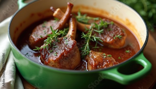 Tender braised lamb shanks cooked in rich sauce with fresh rosemary and thyme herbs in green cast iron pot. Savory red meat meal served hot.