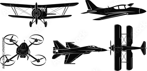 Black silhouette illustration featuring diverse aircraft designs including biplanes, modern fighter jet, streamlined jet, and quadcopter drone, symbolizing aviation history, technology e