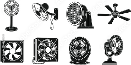 Black and white silhouette illustration of diverse fans including pedestal, ceiling, wall-mounted, desk, industrial, and computer cooling designs representing ventilation, air circulation