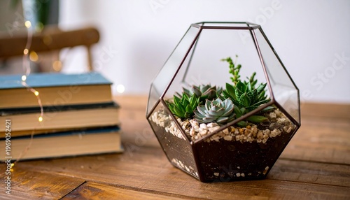 Cuadro en lienzo Modern geometric glass terrarium with a variety of succulents on a rustic wooden table