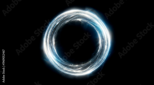 Abstract glowing ring of light particles swirling in darkness