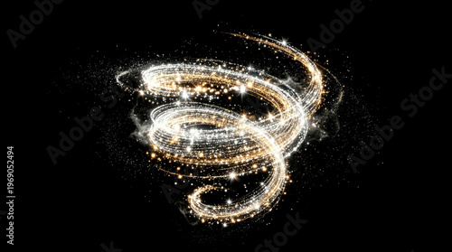 Golden and silver sparkling light trails swirling in a vortex on black background