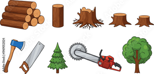 Cartoon illustration of woodcutting tools and tree elements including logs, stumps, axe, saw, chainsaw, pine tree, and leafy tree representing forestry and lumber artwork