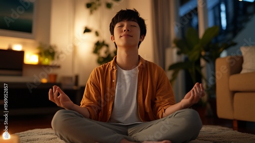 A person meditating peacefully in a cozy indoor setting.