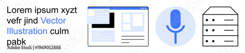 Digital communication, online media, data storage, voice recording, technology tools, web services. Web page, microphone and server icons are visible. Digital communication and online media concept