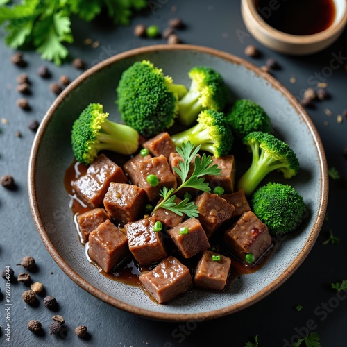 Tender beef cubes and fresh broccoli florets served in a rustic bowl. Savory dish with peas and parsley garnish. Delicious homemade meal for healthy eating.