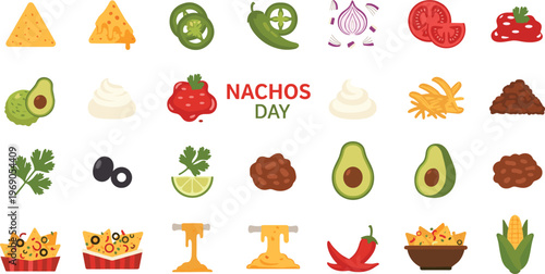 Nachos Day colorful food icons with cheese, Peppers, And toppings