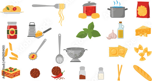 Pasta ingredients and cooking utensils flat illustration