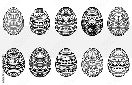 Easter eggs set, ornate folk patterns, vintage engraving, hand drawn pysanka, traditional holiday decoration, vector woodcut icons, monochrome floral geometric