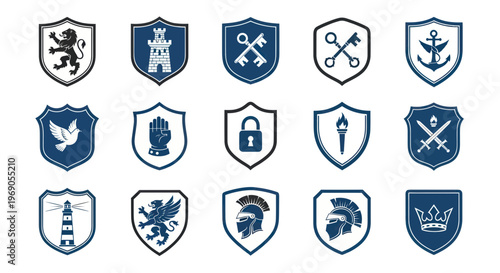 Collection of Vintage Shield Icons and Symbols: Security, Strength, History, and Identity
