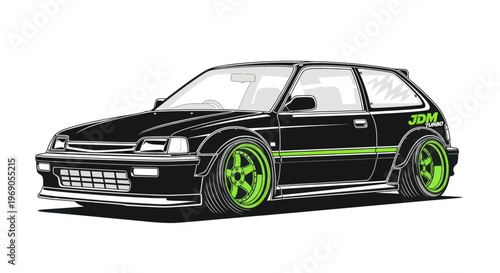 Customized JDM Civic Hatchback, Black Sport Car with Green Wheels, Vector Art