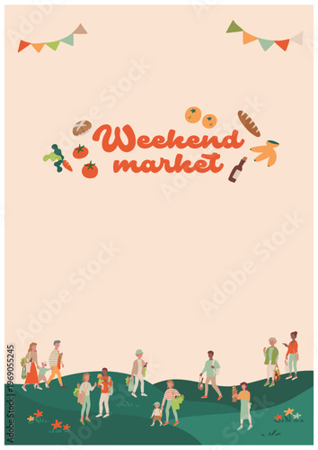 休日のマーケットなどのイベントを楽しむファミリー、カップルなどの人物＆小物ポスター A4  カラフル・フラットデザイン Posters featuring people and props, such as families enjoying events like weekend markets, in a colorful, flat design.