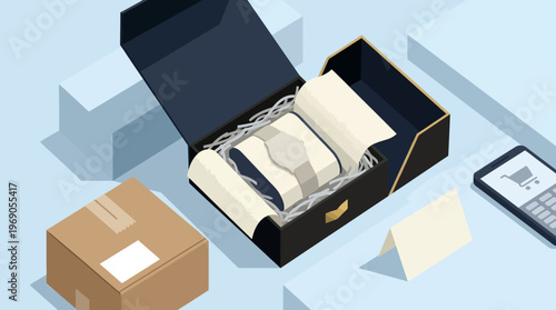 Isometric Illustration of Luxury Watch Unboxing from E-commerce Delivery with Smartphone and Packaging