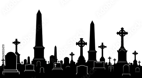 Silhouette Gravestones and Monuments in Cemetery Landscape