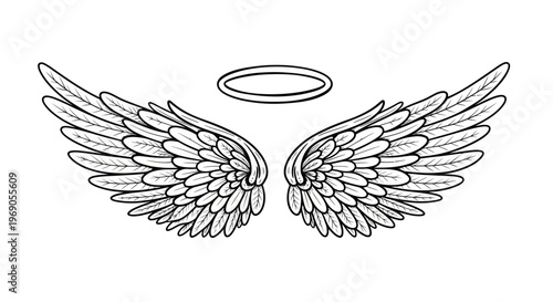 Angel Wings and Halo - Black and White Illustration