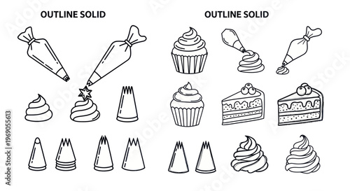 Baking Icons: Cupcakes, Cakes, Frosting Bags and Tips - Outline and Solid Styles