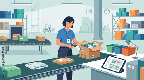 Female Logistics Worker Scanning Packages in a Modern Warehouse Fulfillment Center; Flat Vector Illustration for Supply Chain and E-commerce Distribution Concepts