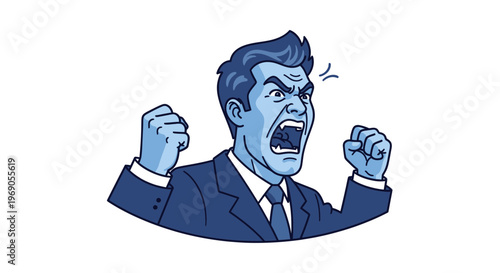 Angry Businessman Yelling and Shaking Fists, Frustrated Emotion, Office Stress