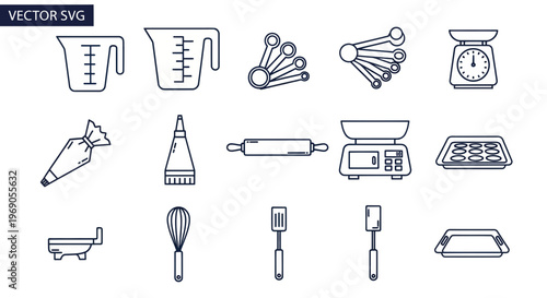 Baking Utensils Icons: Measuring Cups, Spoons, Scales, Rolling Pin, Whisk, Piping Bag