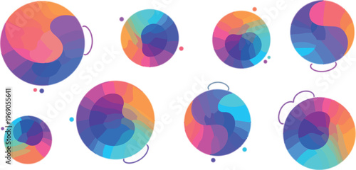 Abstract colorful cracked sphere shapes set with vibrant gradient circles, modern fluid textures, and dynamic geometric design elements for creative backgrounds