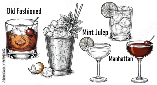 Classic Cocktail Illustrations: Old Fashioned, Mint Julep, Manhattan, Gin Tonic