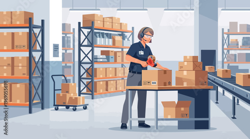 Female Logistics Worker Packing Cardboard Boxes for Shipping in Modern Warehouse Distribution Center Illustration