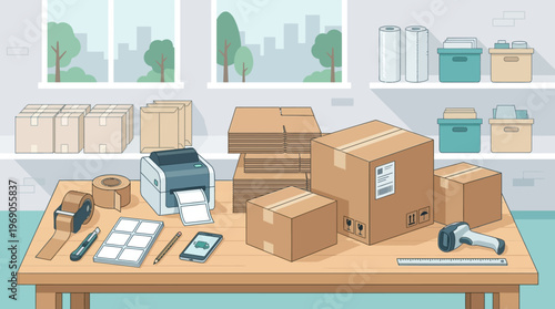 Professional E-commerce Shipping and Packing Station Workspace with Cardboard Boxes, Label Printer, and Logistics Equipment for Small Business Fulfillment