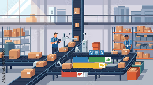 Smart Warehouse Automation and Global Logistics Distribution Center with Conveyor Belts, Robots, and Workers for International Supply Chain Management