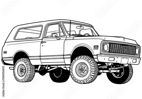 Classic Retro 4x4 Off-Road SUV Line Art - Vintage Custom Lifted All-Terrain Truck Illustration Vector