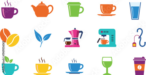 Colorful illustration of beverage icons including coffee mugs, teapots, cups, wine glass, coffee beans, and tea leaves representing drinks, café themes, and modern design artwork